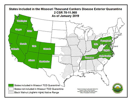 Map of States known to have Thousand Cankers Disease as of January 2019