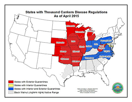 Map of States with Thousand Cankers Disease Regulations as of April 2015